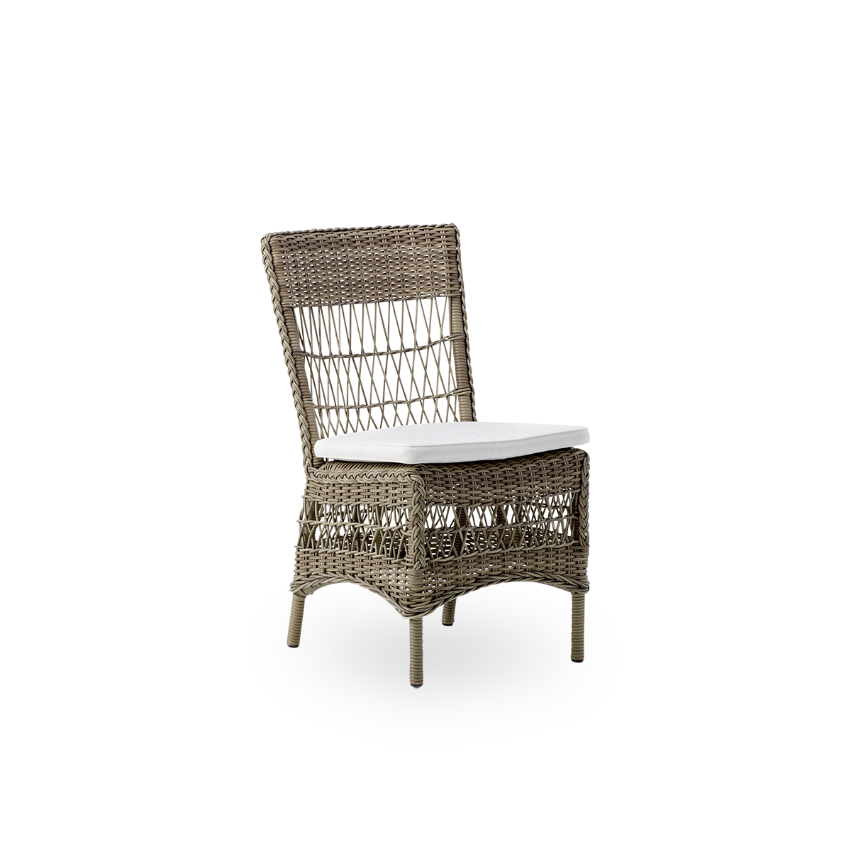 Side view of Marie outdoor dining chair presented in Antique grey color. Aluminum frame fully woven with ArtFibre inspired by British colonial style.