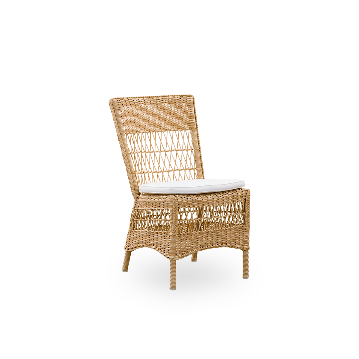 Side view of Marie outdoor dining chair presented in Natural color. Aluminum frame fully woven with ArtFibre inspired by British colonial style.