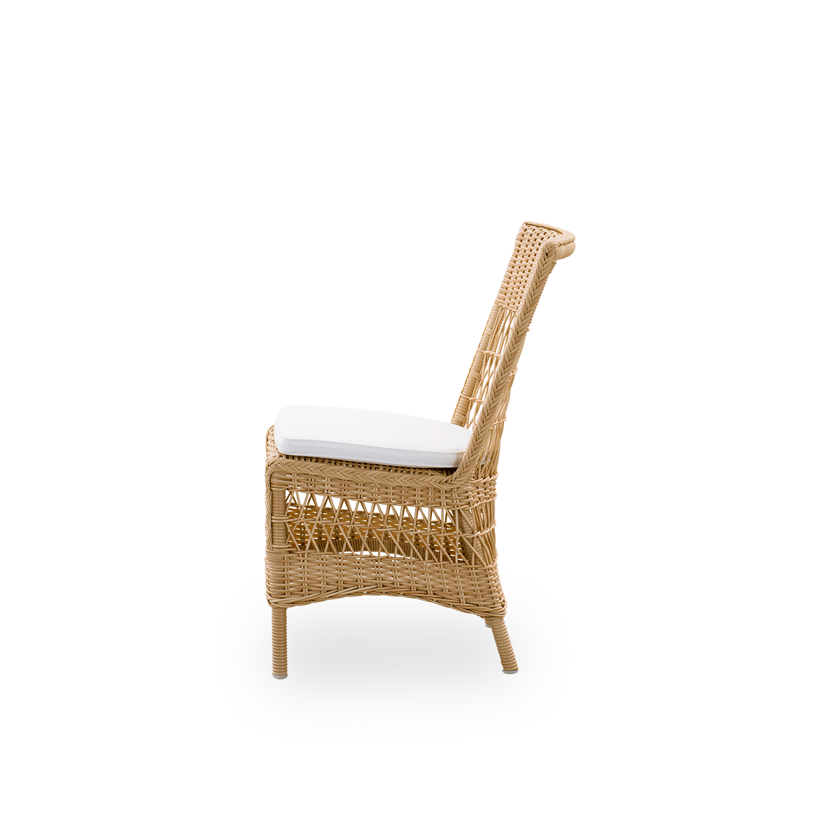 Plain side view of Marie outdoor dining chair presented in Natural color. Aluminum frame fully woven with ArtFibre inspired by British colonial style.