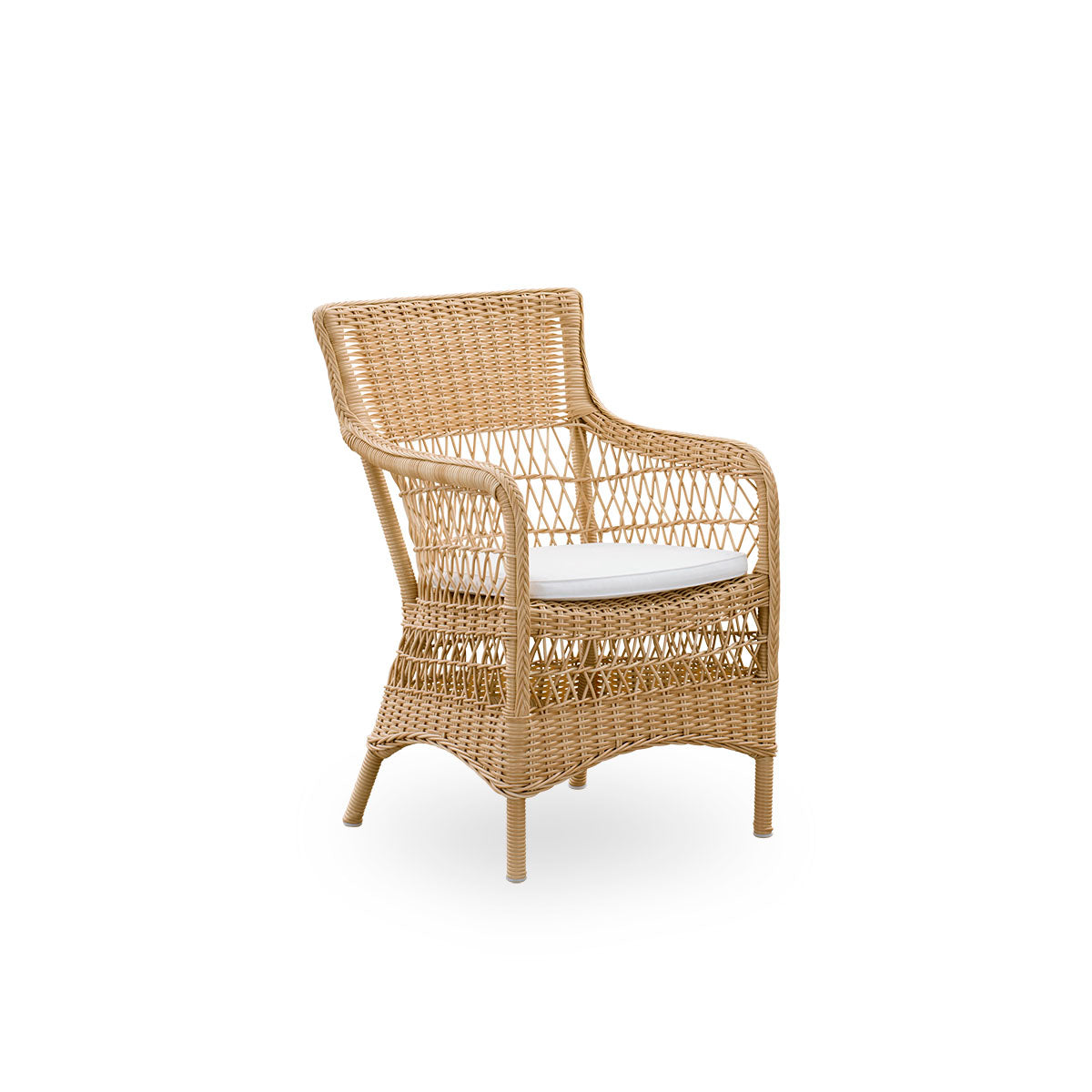 Side view of Marie outdoor dining chair with armrests presented in Natural color. Aluminum frame fully woven with ArtFibre inspired by British colonial style.