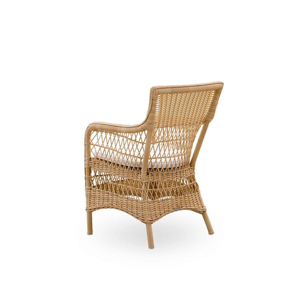 Plain back view of Marie outdoor dining chair with armrests presented in Natural color. Aluminum frame fully woven with ArtFibre inspired by British colonial style.