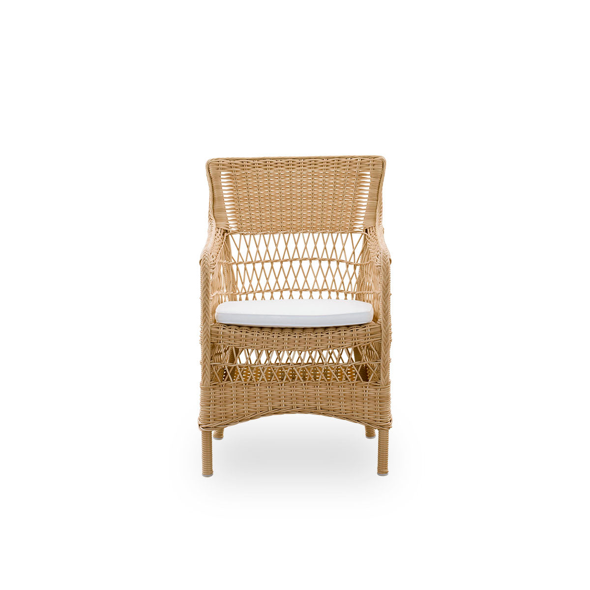 Front view of the Marie outdoor dining chair with armrests presented in natural color.
Aluminium frame fully woven with ArtFibre, inspired by British colonial style.
