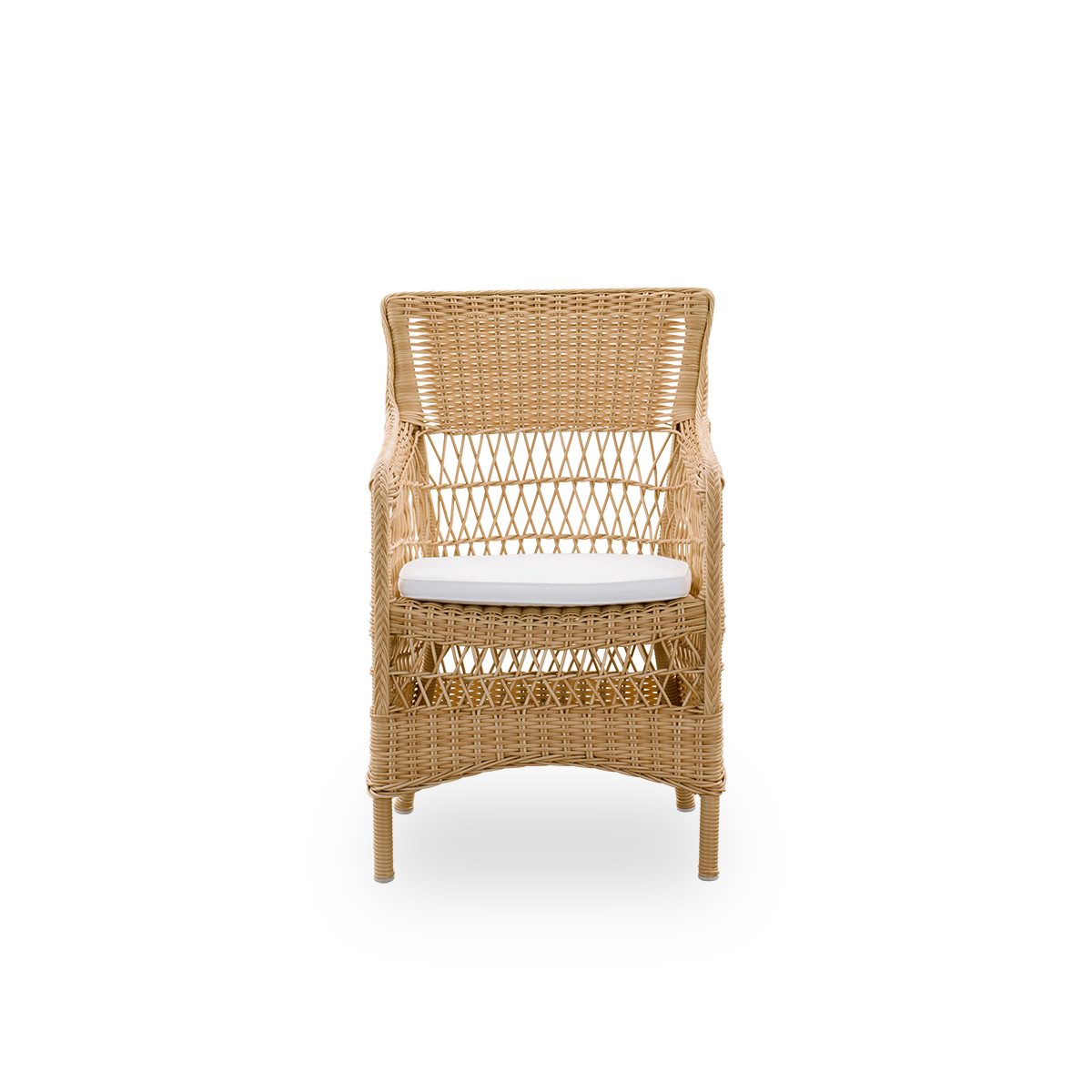 Front view of the Marie outdoor dining chair with armrests presented in natural color.
Aluminium frame fully woven with ArtFibre, inspired by British colonial style.