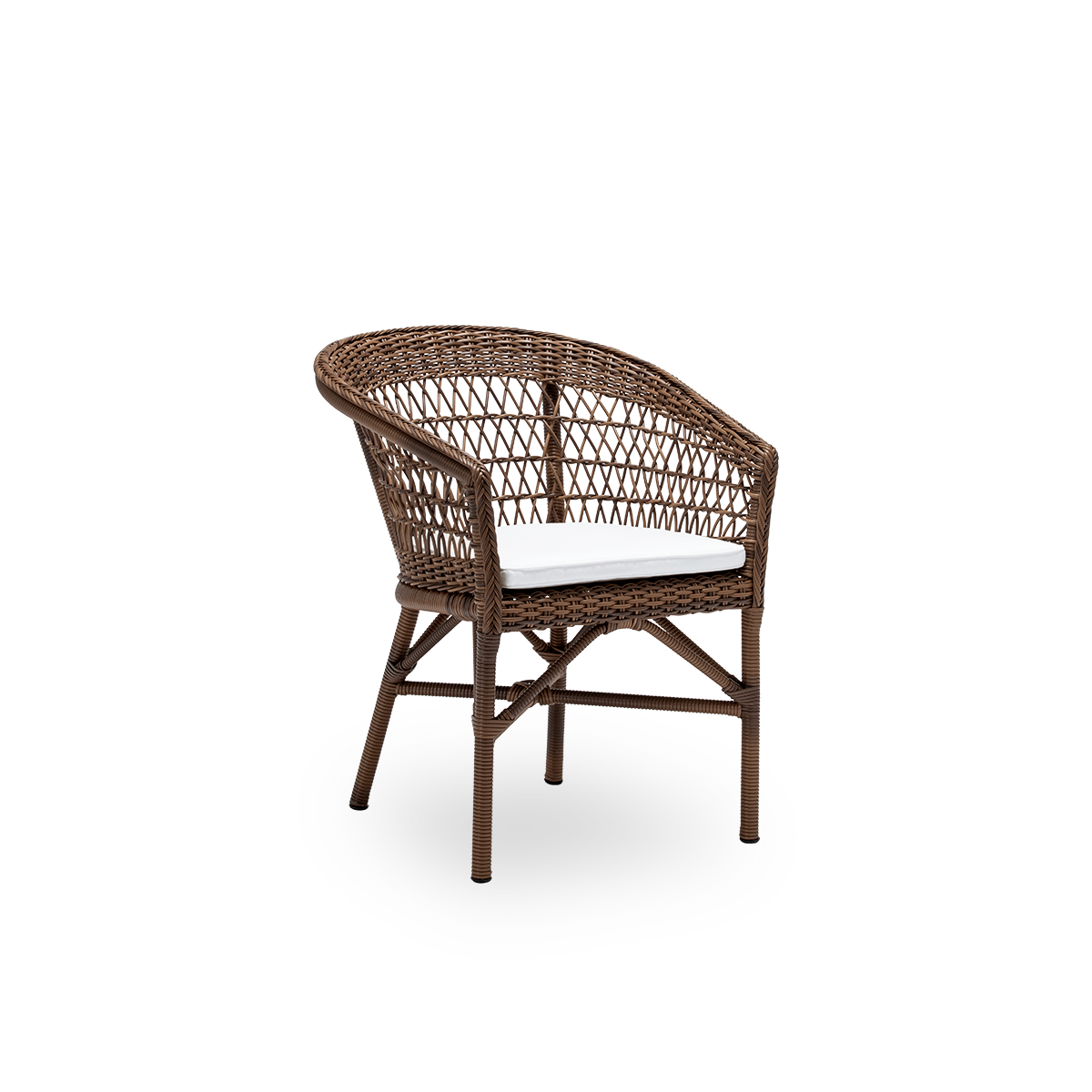 Side view of the Emma exterior dining chair with seat cushion, in brown ArtFibre and aluminium. From Sika-Design's Georgia Garden collection, inspired by British colonial style and classic Danish wicker furniture.