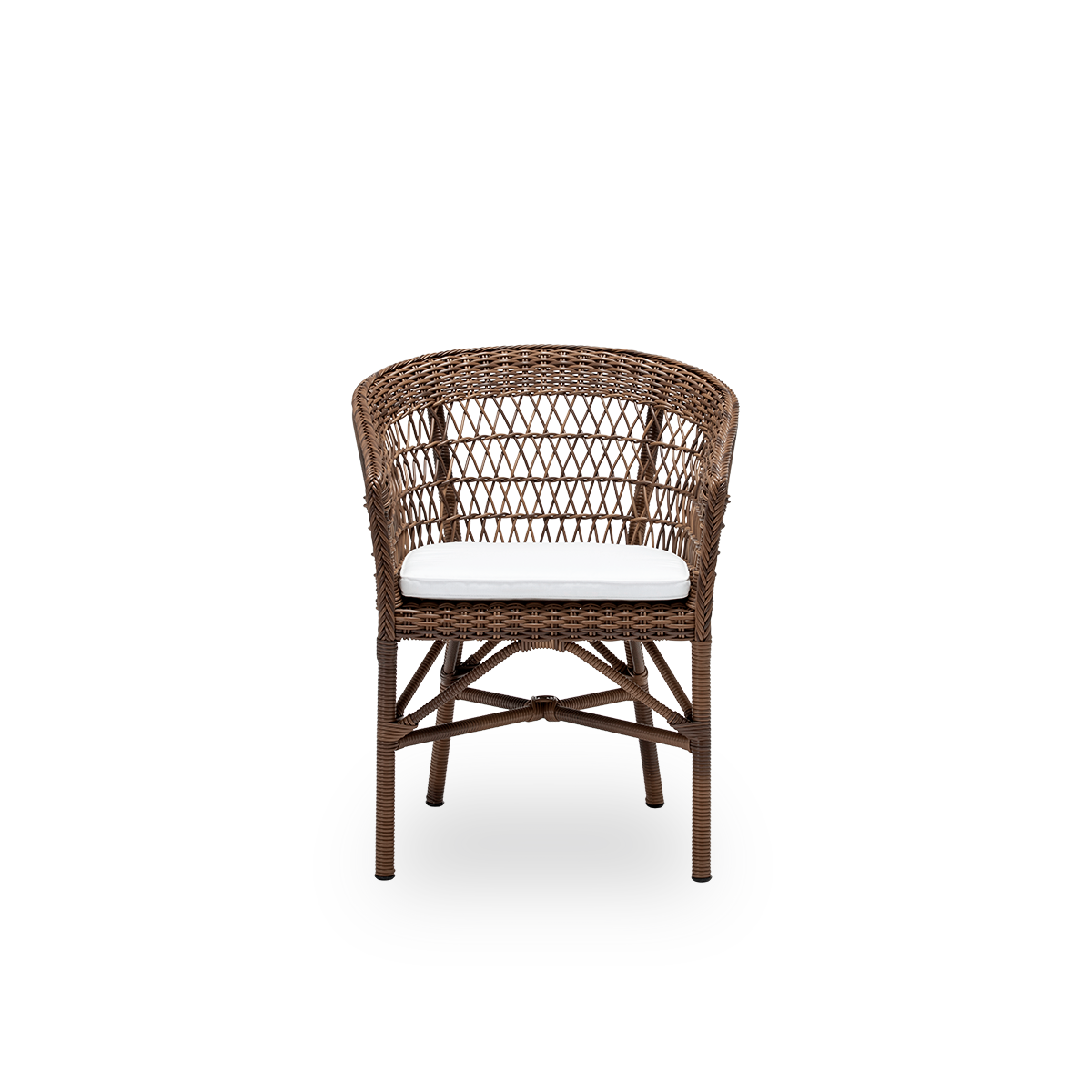 Front view of the Emma exterior dining chair with seat cushion, in brown ArtFibre and aluminium. From Sika-Design's Georgia Garden collection, inspired by British colonial style and classic Danish wicker furniture.