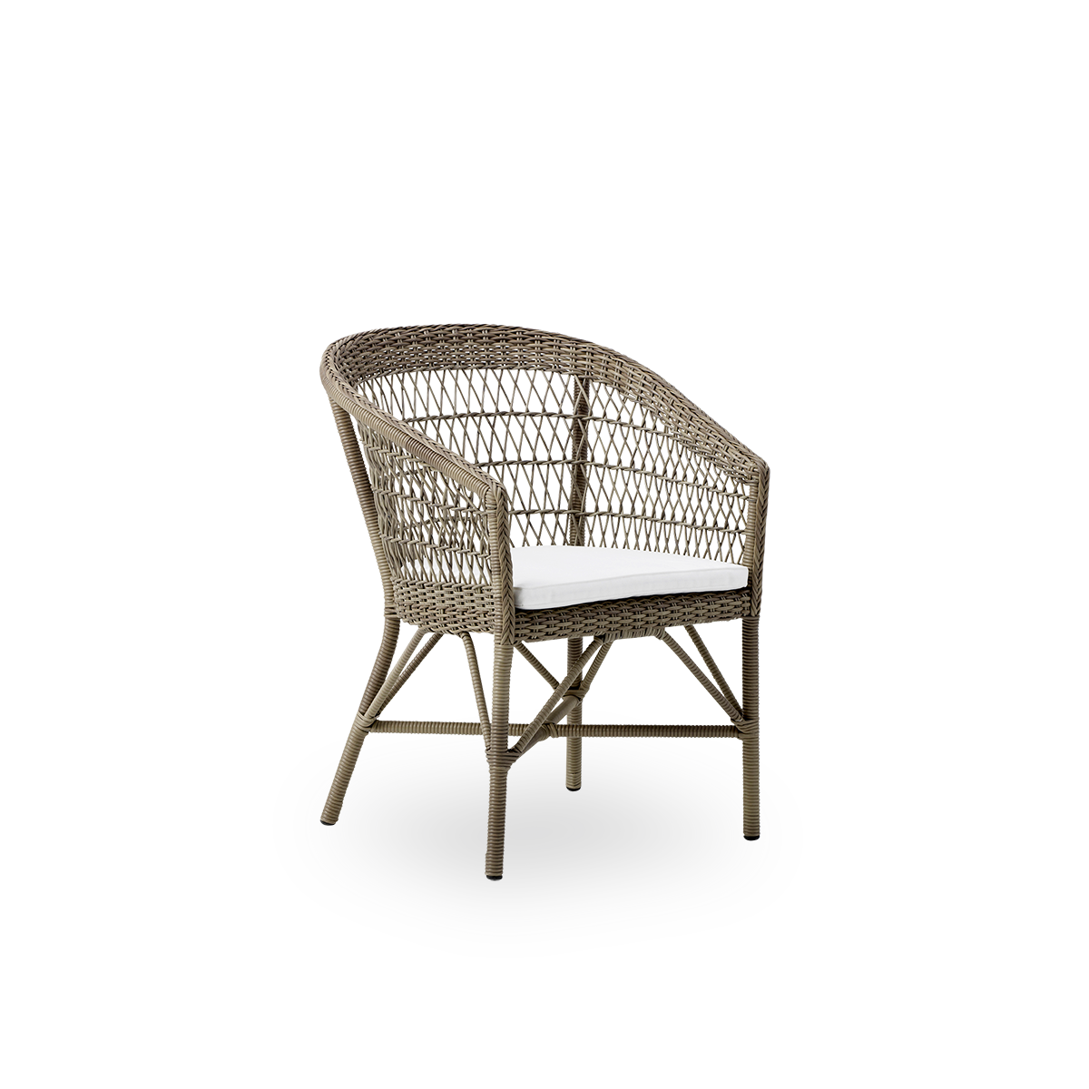 Side view of Emma outdoor dining chair in Antique grey color, inspired by British colonial style. Round backrest turns into armrest. Aluminum frame fully woven with ArtFibre.