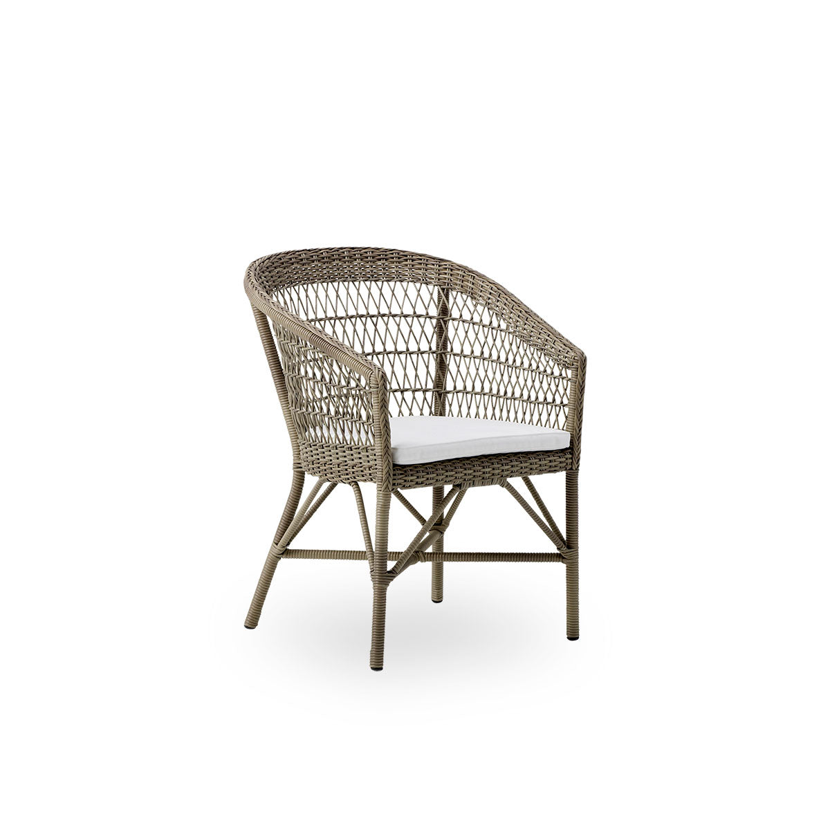 Side view of Emma outdoor dining chair in Antique grey color, inspired by British colonial style. Round backrest turns into armrest. Aluminum frame fully woven with ArtFibre.