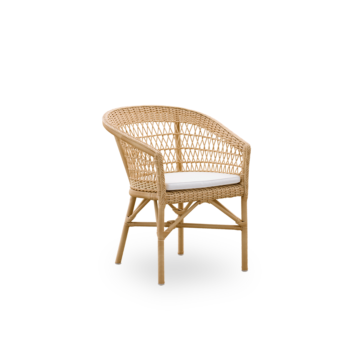 Side view of Emma outdoor dining chair in Natural color, inspired by British colonial style. Round backrest turns into armrest. Aluminum frame fully woven with ArtFibre.