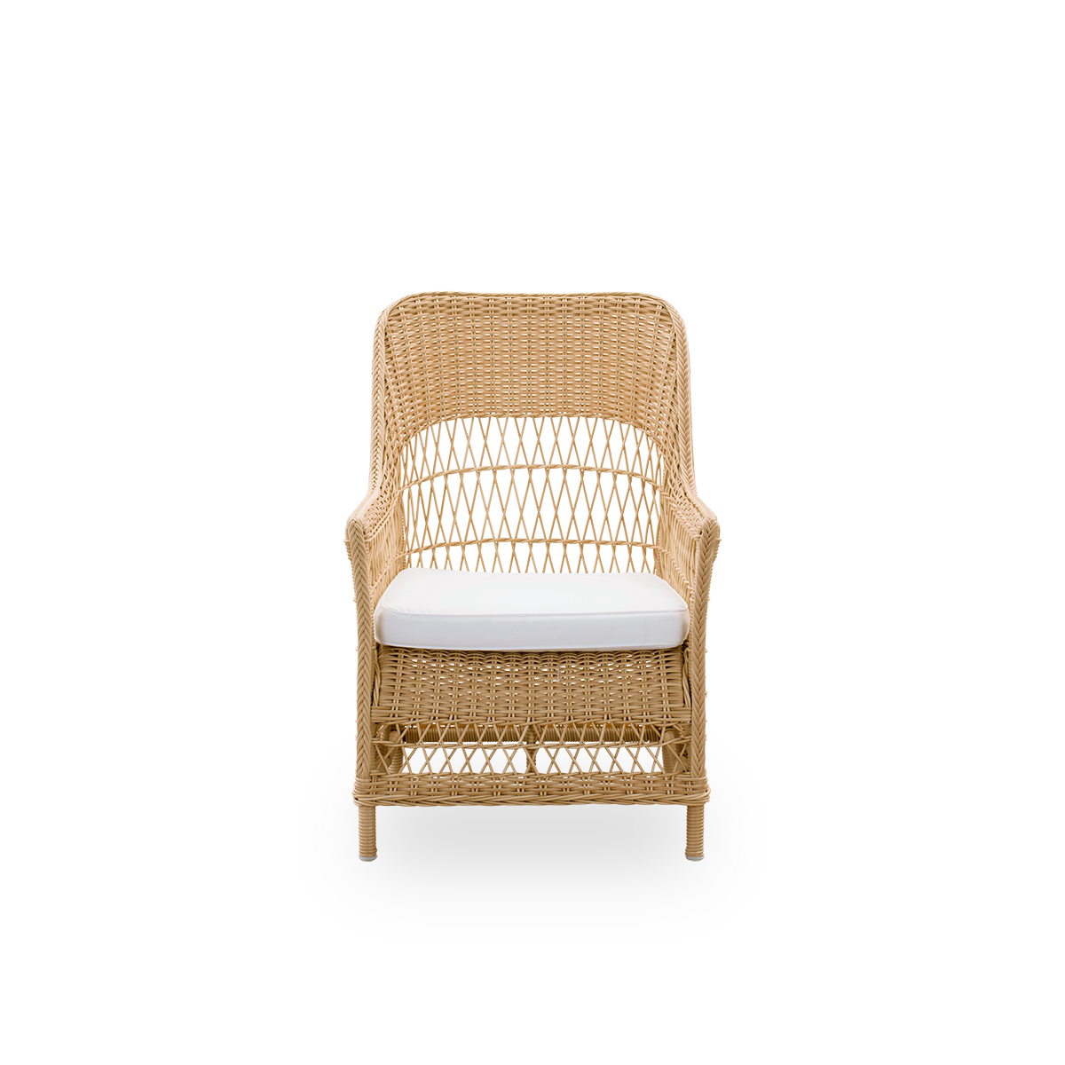 Front view of the Dawn outdoor lounge chair in natural color, inspired by British colonial style. Romantic lounge chair with armrests and a high backrest. Fully woven ArtFibre on a hand-bent aluminium frame.