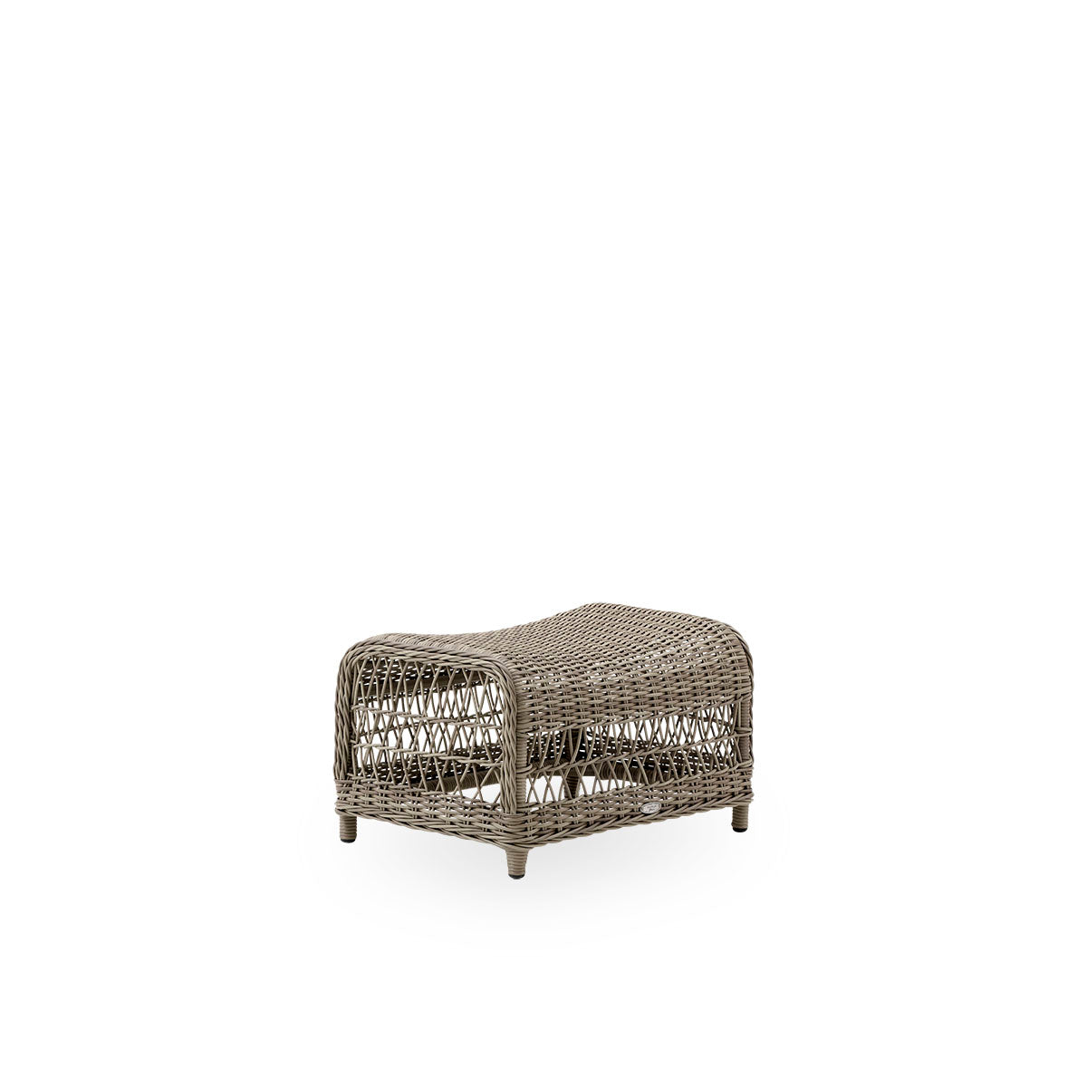 Side view of the Dawn Exterior footstool in antique grey color, inspired by British colonial style. Fully woven footstool handcrafted from ArtFibre on durable aluminum frames.