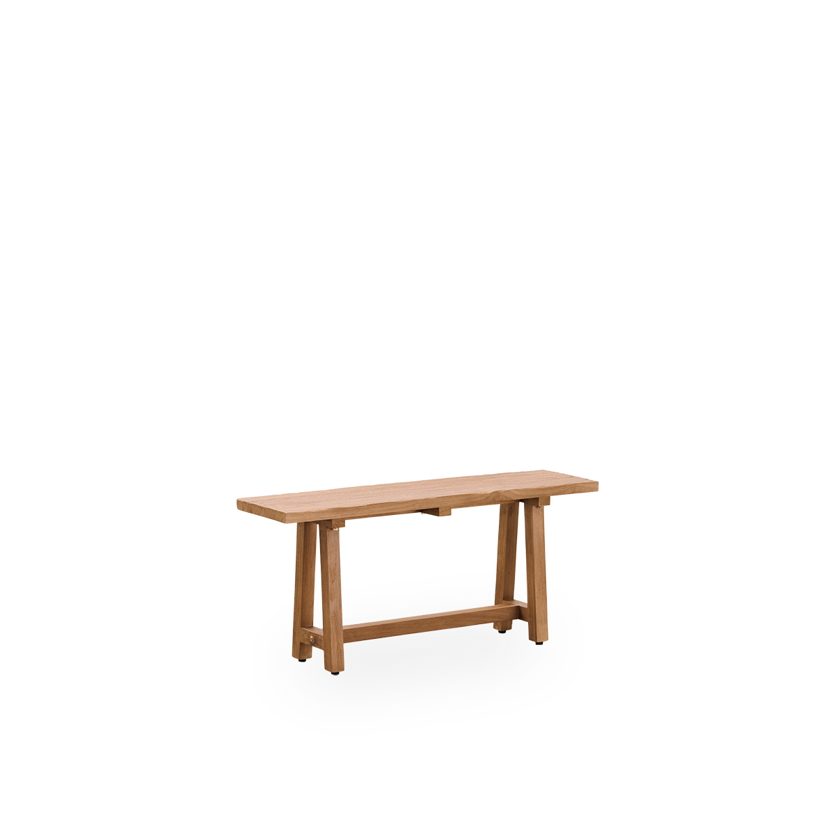 Side view of Lucas indoor teak bench, length 100 cm, a compact and elegant teak bench made from patinated teak with a rustic look in natural chestnut color.
