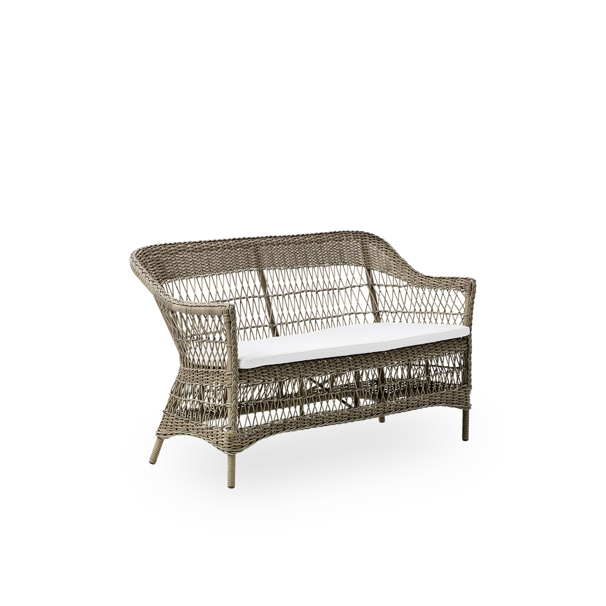 Side view of the Charlot 2-seater Exterior sofa in antique grey, an fully woven outdor sofa in British colonial style, handcrafted from ArtFibre on durable aluminum frames.