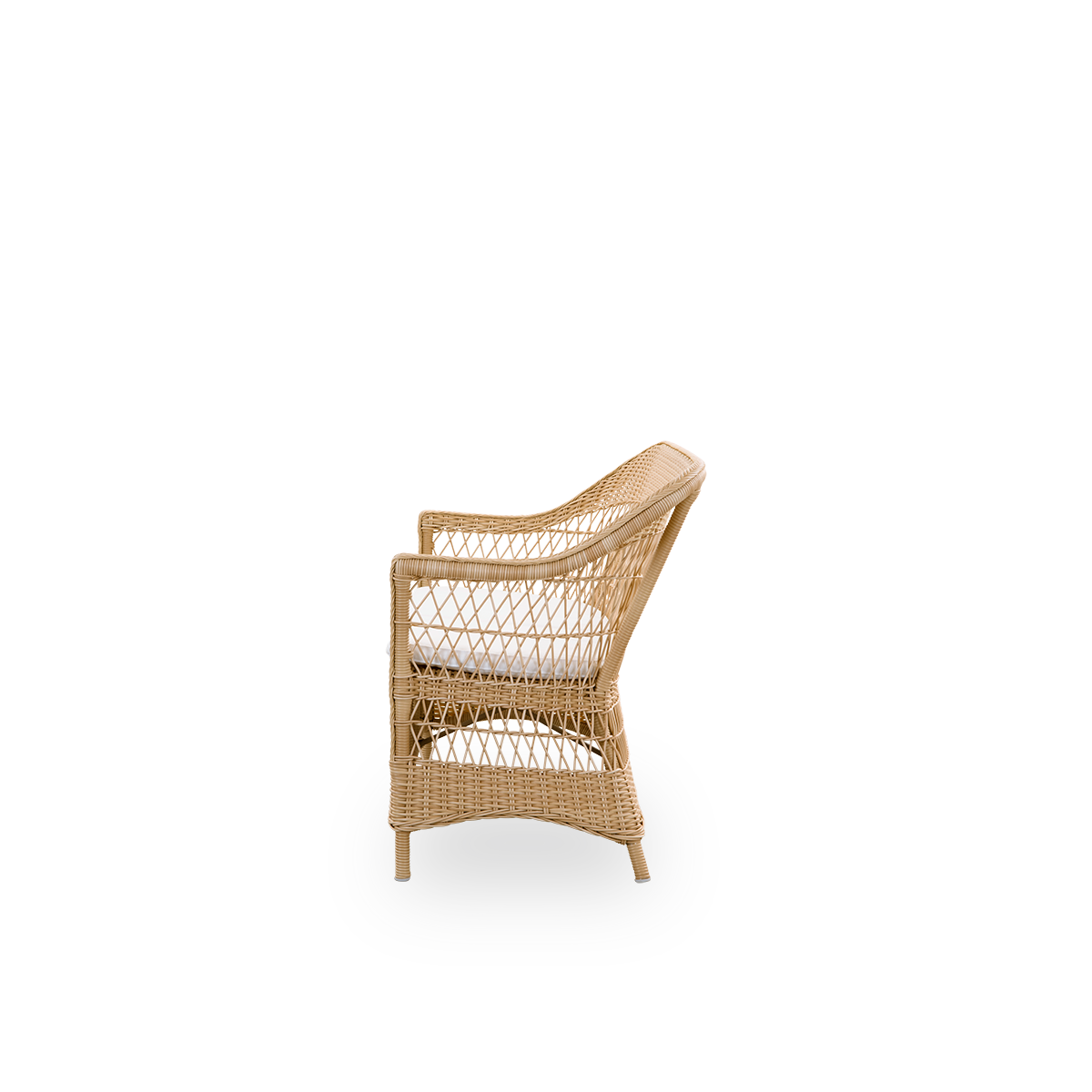 Side view of the Charlot 2-seater Exterior sofa in natural color, an fully woven outdor sofa in British colonial style, handcrafted from ArtFibre on durable aluminum frames.