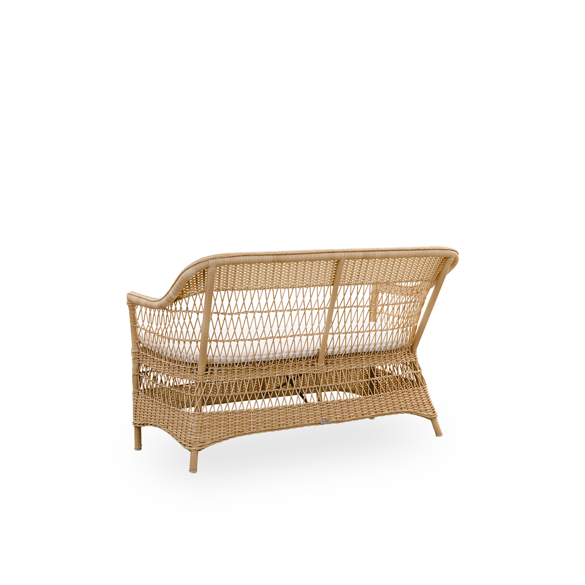 Plain back view of the Charlot 2-seater Exterior sofa in natural color, a fully woven outdoor sofa in British colonial style, handcrafted from ArtFibre on durable aluminum frames.