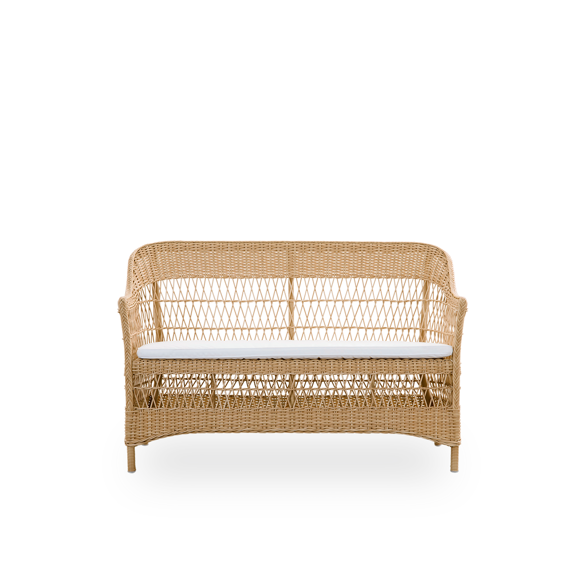 Front view of the Charlot 2-seater Exterior sofa in Natural color, a fully woven outdoor sofa in British colonial style, handcrafted from ArtFibre on durable aluminium frames.