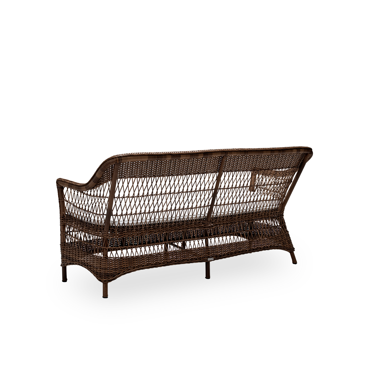 Back side view of the Charlot exterior 3-seater sofa with seat cushion, in brown ArtFibre and aluminium. From Sika-Design's Georgia Garden collection, inspired by British colonial style and classic Danish wicker furniture.
