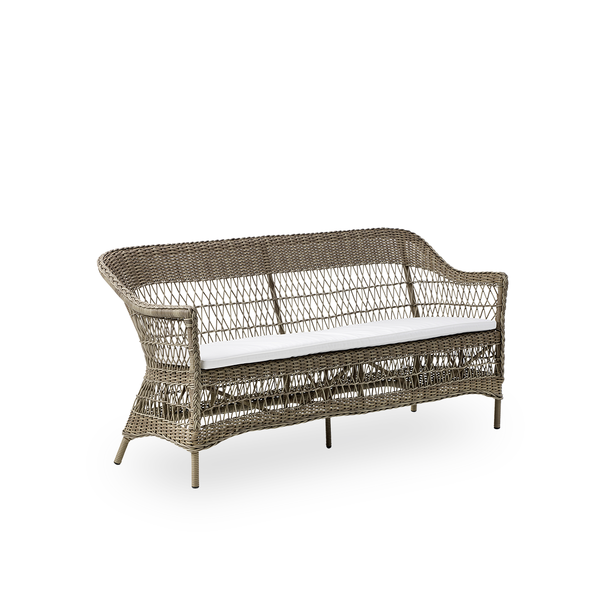 Side view of the Charlot 3-seater Exterior sofa in antique grey, an fully woven outdor sofa in British colonial style, handcrafted from ArtFibre on durable aluminum frames.