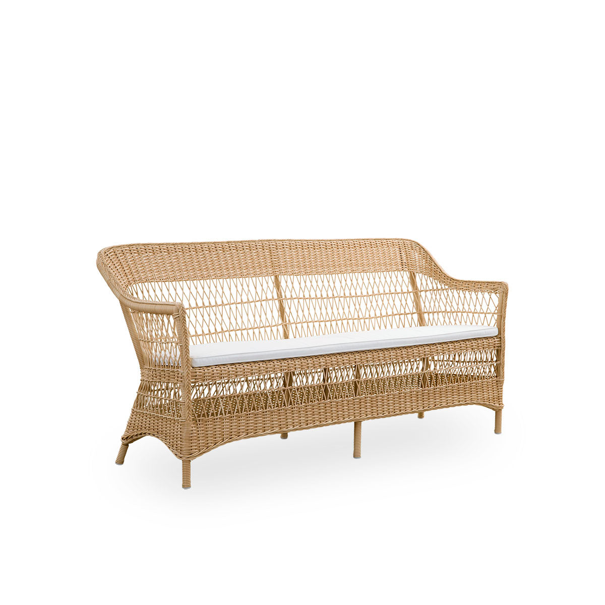 Side view of the Charlot 3-seater Exterior sofa in natural color, an fully woven outdor sofa in British colonial style, handcrafted from ArtFibre on durable aluminum frames.
