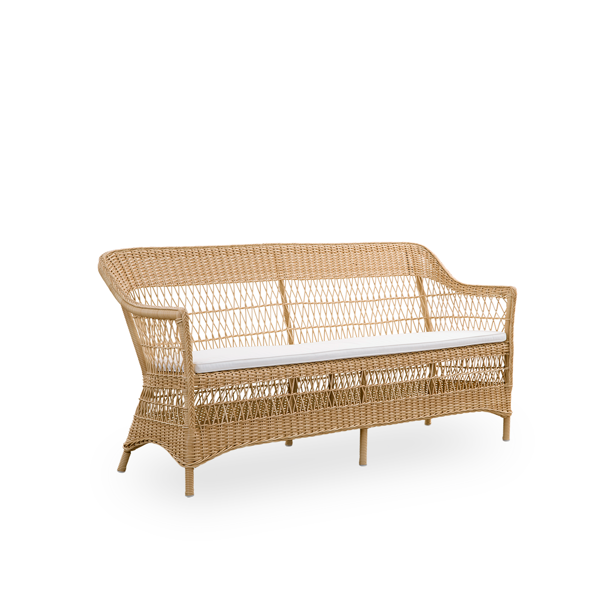 Side view of the Charlot 3-seater Exterior sofa in natural color, an fully woven outdor sofa in British colonial style, handcrafted from ArtFibre on durable aluminum frames.