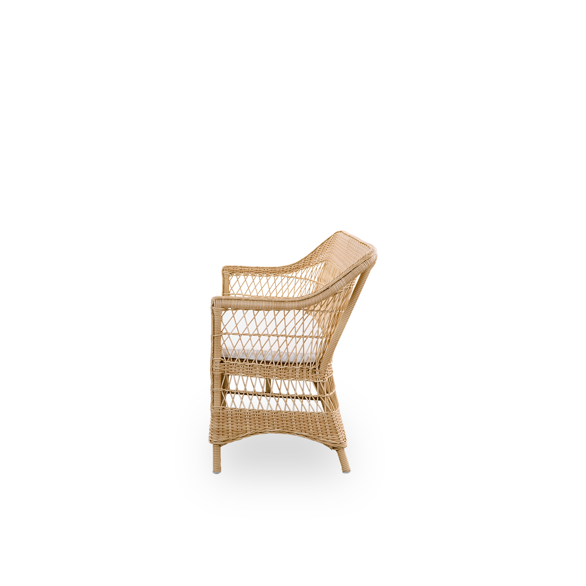 Plain side view of the Charlot 3-seater Exterior sofa in natural color, an fully woven outdor sofa in British colonial style, handcrafted from ArtFibre on durable aluminum frames.