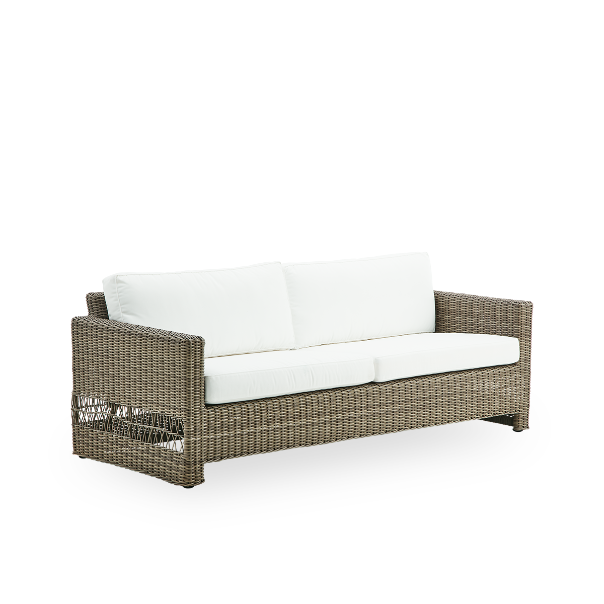 Side view of Carrie outdoor sofa in the color Antique. Squared robust 3-seater sofa made with aluminium frame fully woven with ArtFibre.