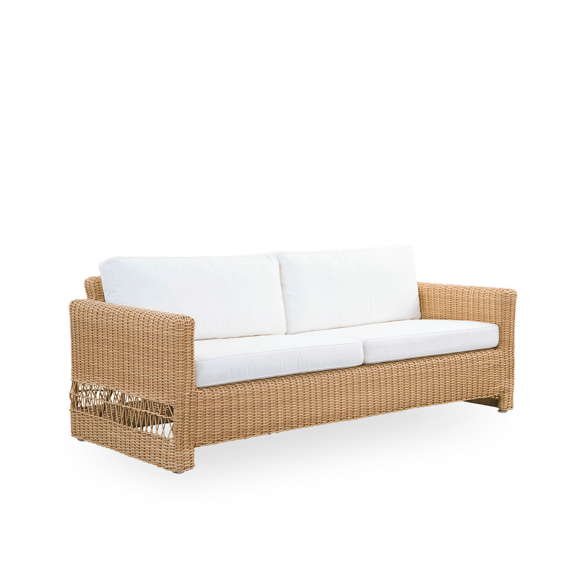 Side view of Carrie outdoor sofa in the color Natural. Squared robust 3-seater sofa made with aluminium frame fully woven with ArtFibre.