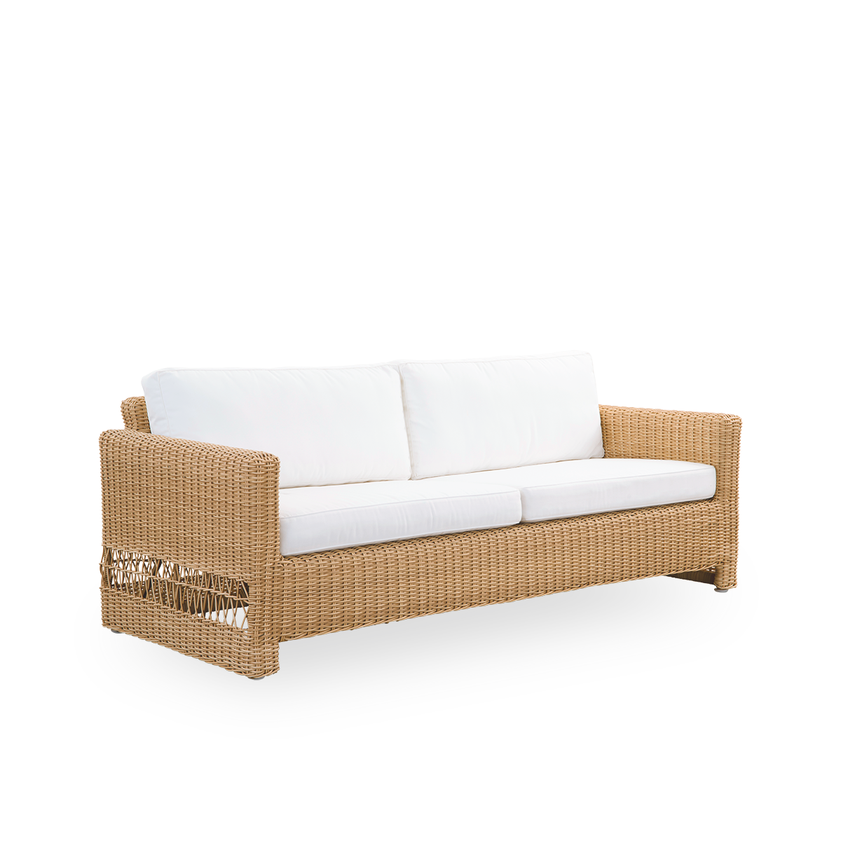 Side view of Carrie outdoor sofa in the color Natural. Squared robust 3-seater sofa made with aluminium frame fully woven with ArtFibre.