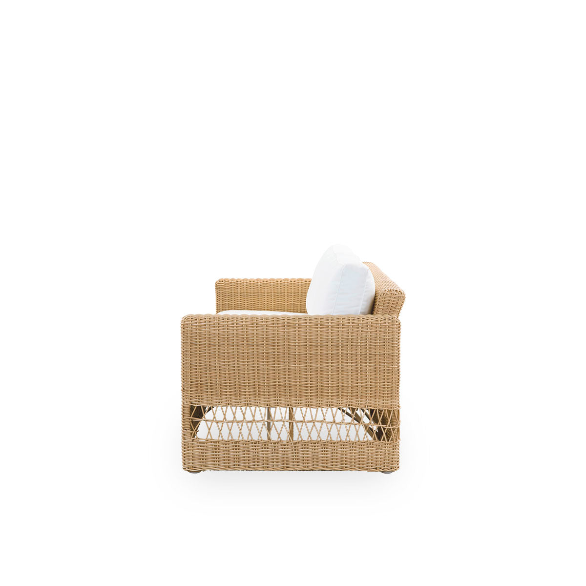 Plain side view of Carrie outdoor sofa in the color Natural. Squared robust 3-seater sofa made with aluminium frame fully woven with ArtFibre.