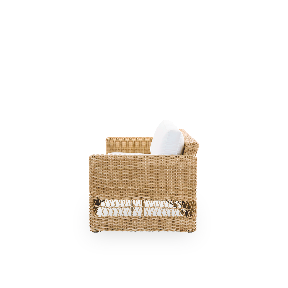 Plain side view of Carrie outdoor sofa in the color Natural. Squared robust 3-seater sofa made with aluminium frame fully woven with ArtFibre.