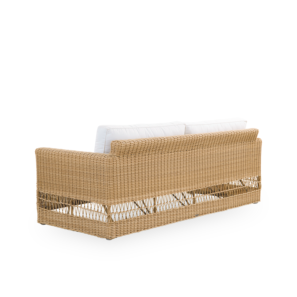 Plain back view of Carrie outdoor sofa in the color Natural. Squared robust 3-seater sofa made with aluminium frame fully woven with ArtFibre.