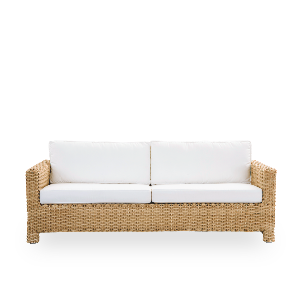 Front view of Carrie outdoor sofa in the color Natural. Squared, robust 3-seater sofa made with an aluminium frame fully woven with ArtFibre.