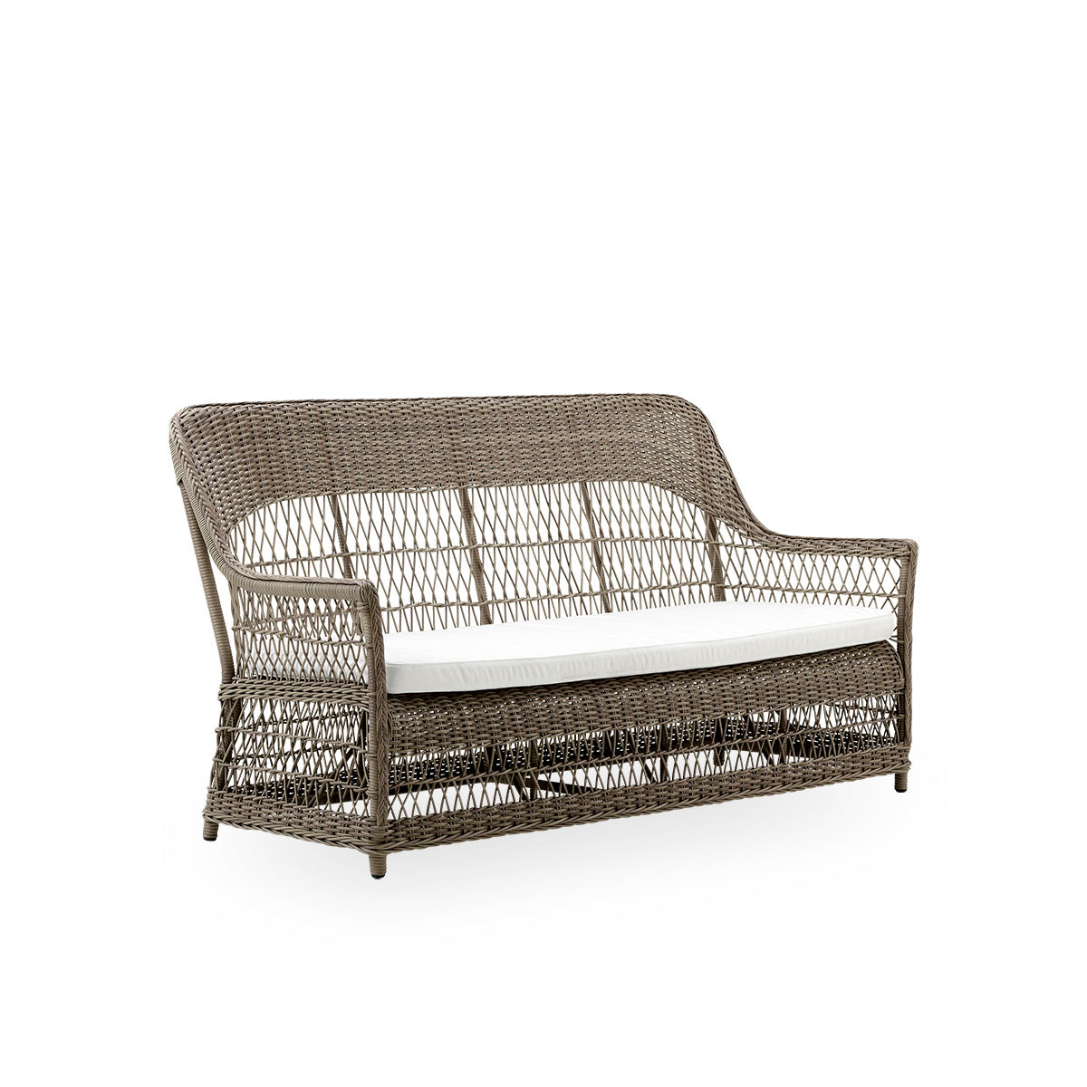 Side view of the Dawn outdoor 3-seater sofa in antique grey color, inspired by British colonial style. Romantic sofa with armrest and a high backrest. Fully woven ArtFibre on hand-bent aluminum frame.