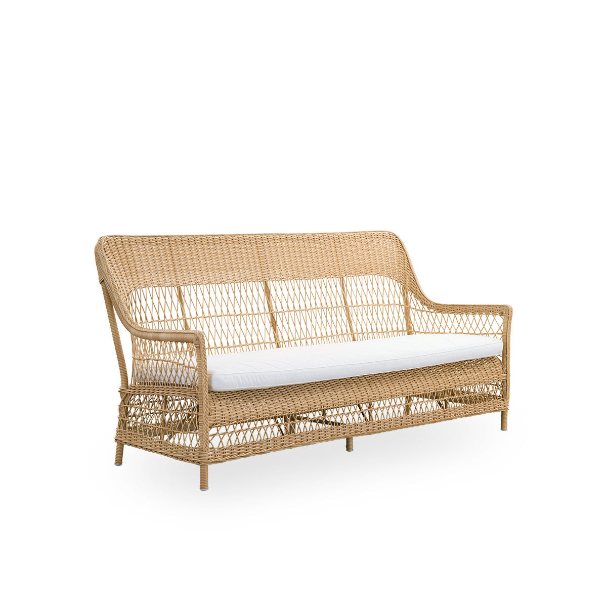 Side view of the Dawn outdoor 3-seater sofa in natural color, inspired by British colonial style. Romantic sofa with armrest and a high backrest. Fully woven ArtFibre on hand-bent aluminum frame.