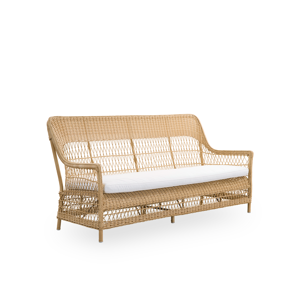 Side view of the Dawn outdoor 3-seater sofa in natural color, inspired by British colonial style. Romantic sofa with armrest and a high backrest. Fully woven ArtFibre on hand-bent aluminum frame.