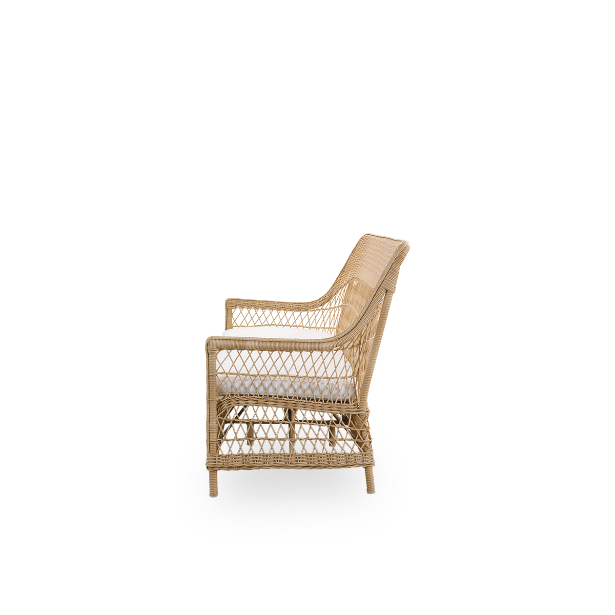 Plain side view of the Dawn outdoor 3-seater sofa in natural color, inspired by British colonial style. Romantic sofa with armrest and a high backrest. Fully woven ArtFibre on hand-bent aluminum frame.