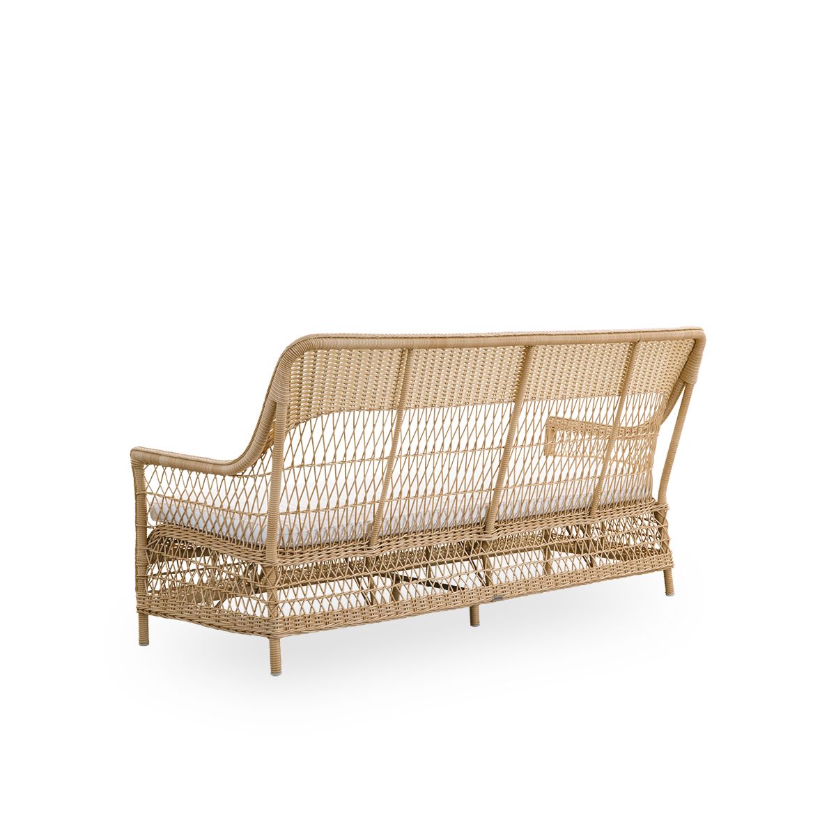 Plain back view of the Dawn outdoor lounge chair in natural color, inspired by British colonial style. Romantic lounge chair with armrest and a high backrest. Fully woven ArtFibre on hand-bent aluminum frame.