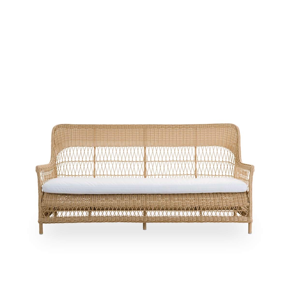 Front view of the Dawn outdoor lounge chair in natural color, inspired by British colonial style. Romantic lounge chair with armrests and a high backrest. Fully woven ArtFibre on a hand-bent aluminium frame.