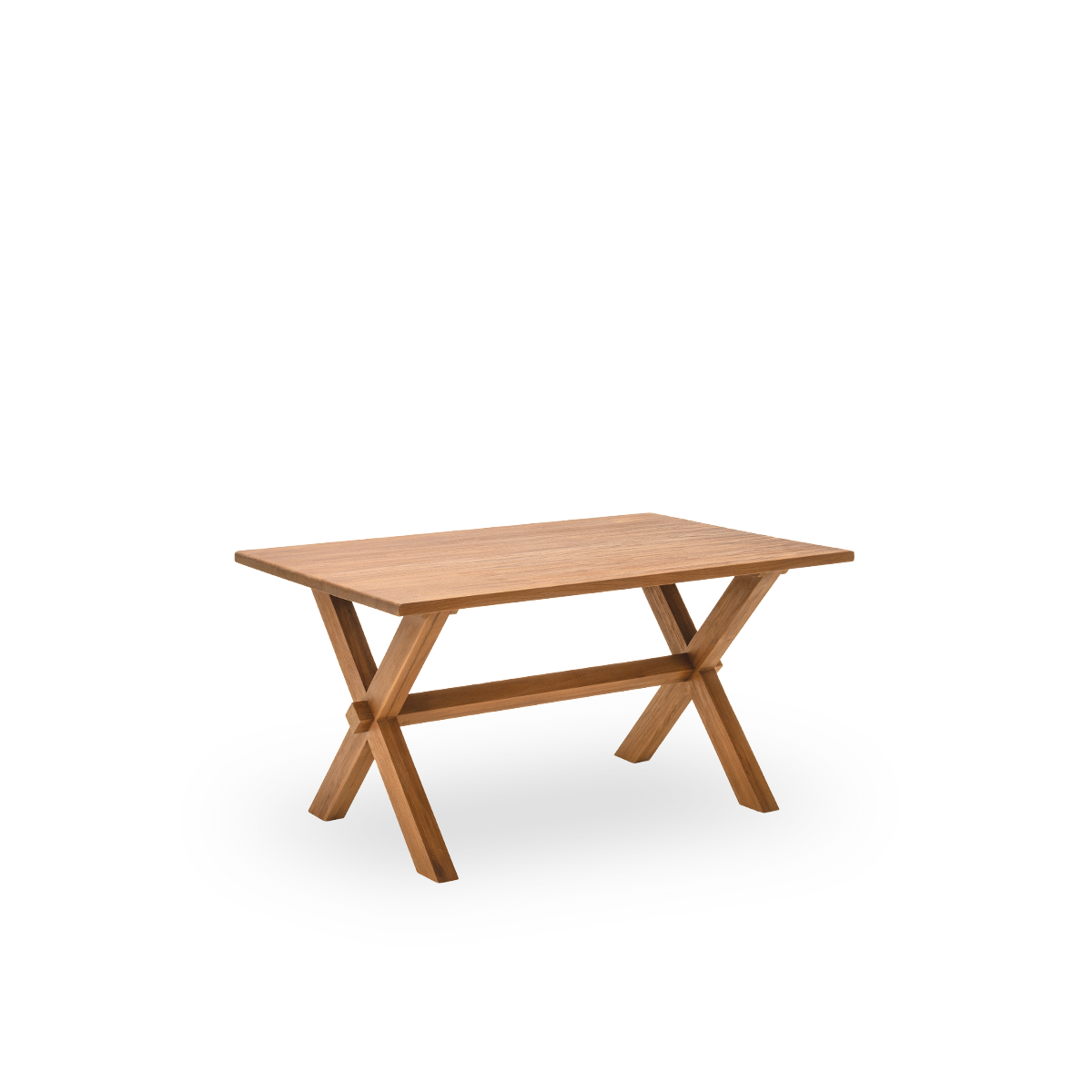 Side view of the Hugo dining table, 140x90 cm, in teak with a natural, patinated surface. Surface treated to bring out the natural grain of the wood, seating four. Made from teak certified as Indonesian Legal Wood.