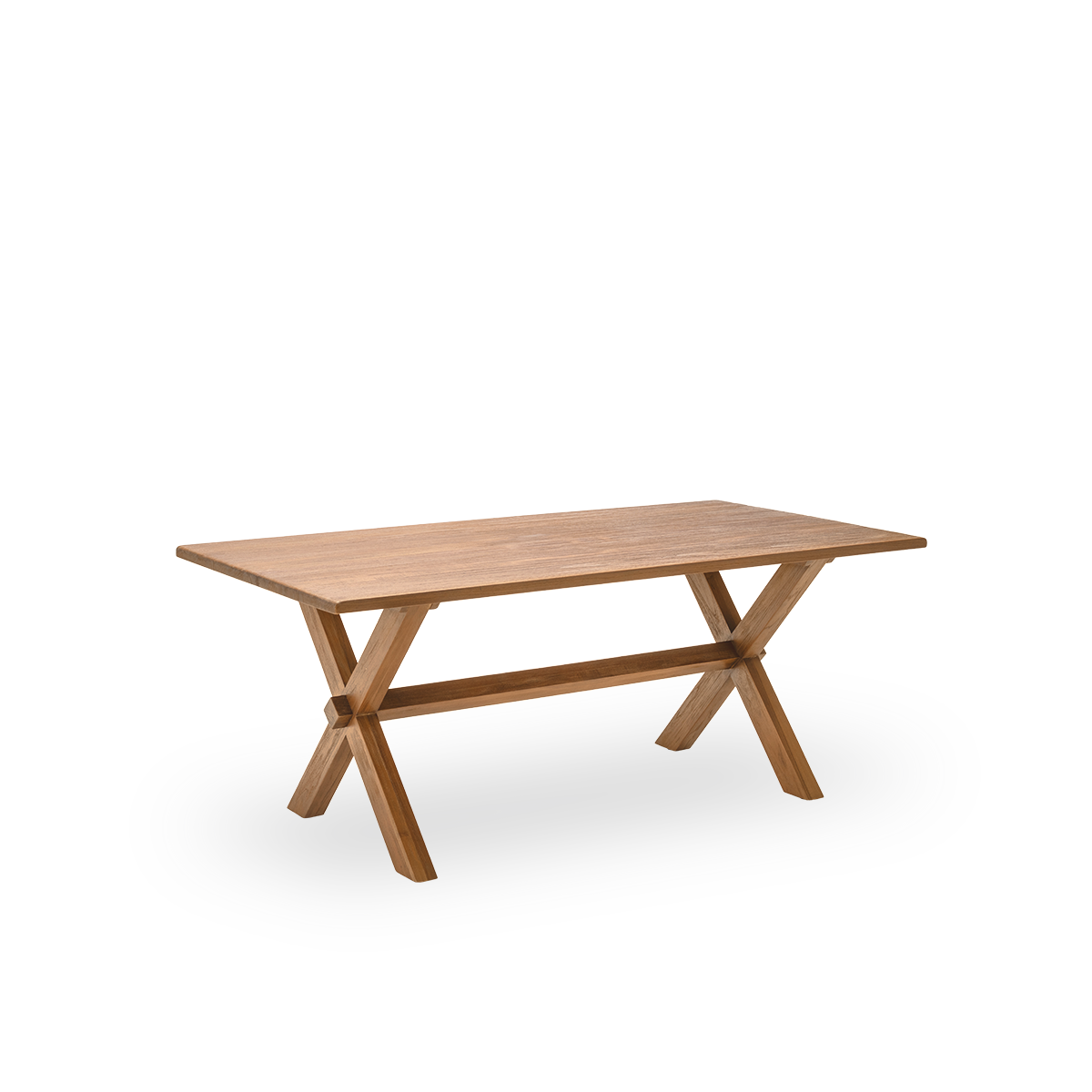 Side view of the Hugo dining table, 180x90 cm, in teak with a natural, patinated surface. Surface treated to bring out the natural grain of the wood, seating six. Made from teak certified as Indonesian Legal Wood.