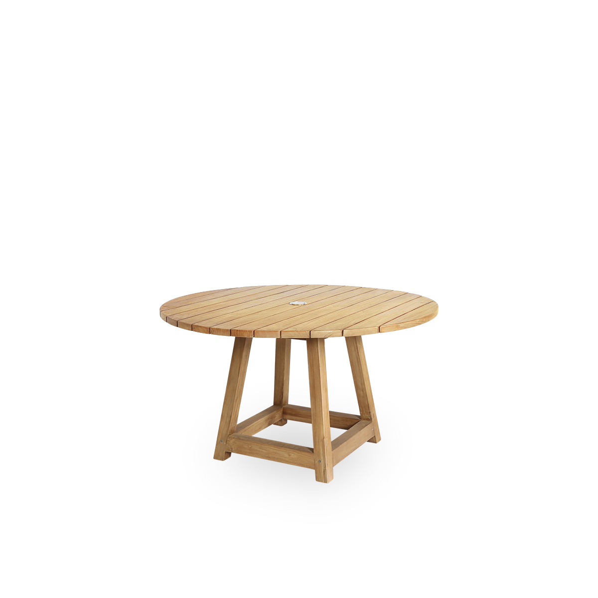Side view of George outdoor round teak dining table Ø120 cm suitable for 4 persons with a  parasol hole in the center. The table is handcrafted from premium Indonesian teak certified ‘Indonesian Legal Wood’.