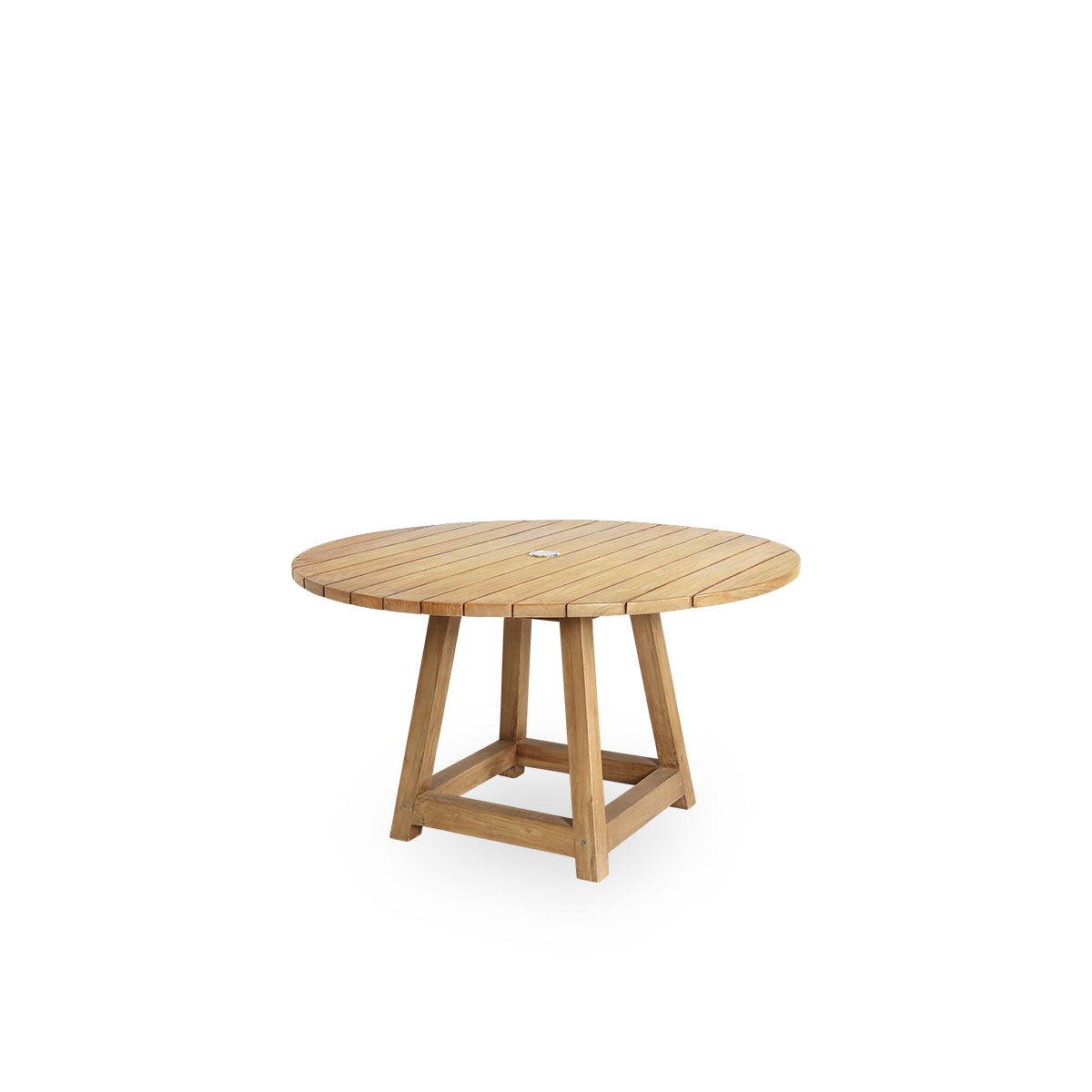 Side view of George outdoor round teak dining table Ø120 cm suitable for 4 persons with a  parasol hole in the center. The table is handcrafted from premium Indonesian teak certified ‘Indonesian Legal Wood’.