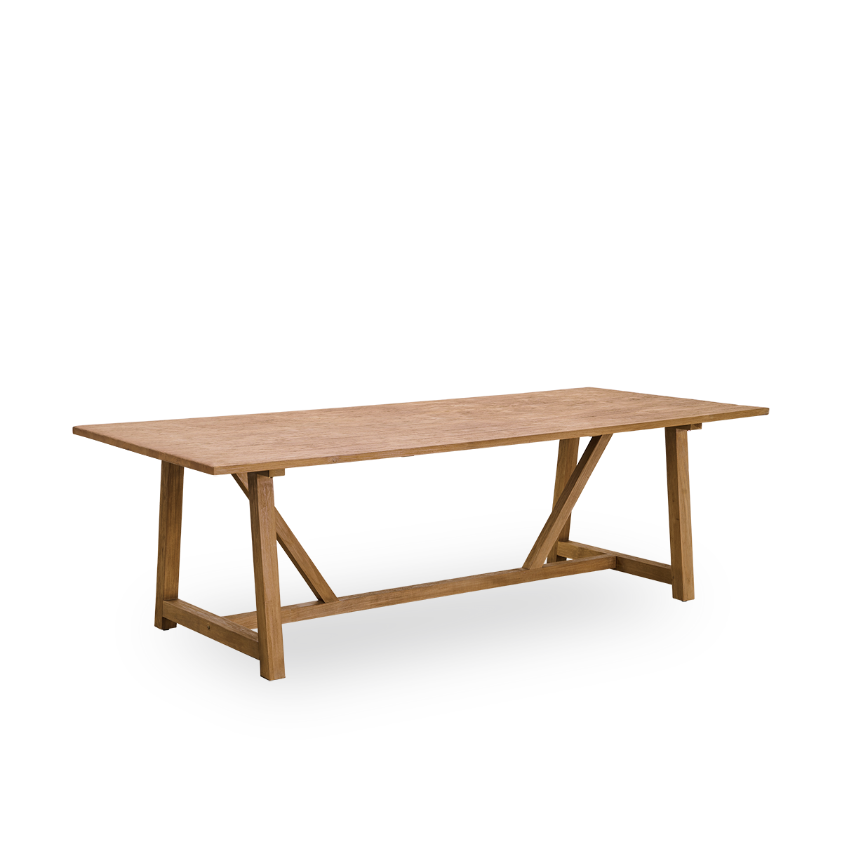 Side view of Lucas indoor dining table in patinated teak with a rustic, exclusive look in natural chestnut color. Size 240x100 cm for 8 persons.