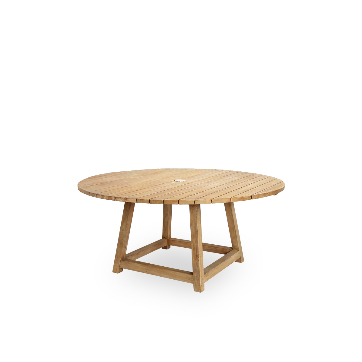 Side view of the George round outdoor teak dining table Ø160 cm suitable for 6 persons with a with a  parasol hole in the center. The table has a brown chestnut color where the wooden boards are placed with a small space between. 