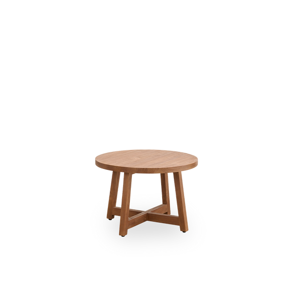 Side view of Round coffee table with a diameter of 75 cm and a height of 51 cm, made of teak with a natural, patinated surface.