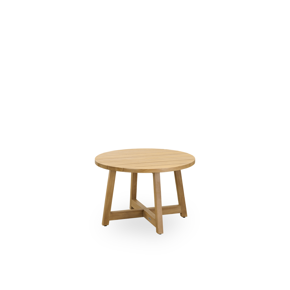 Side view of Victor round outdoor teak lounge table Ø75 cm. Handcrafted from high quality Certified Indonesian Legal Wood.