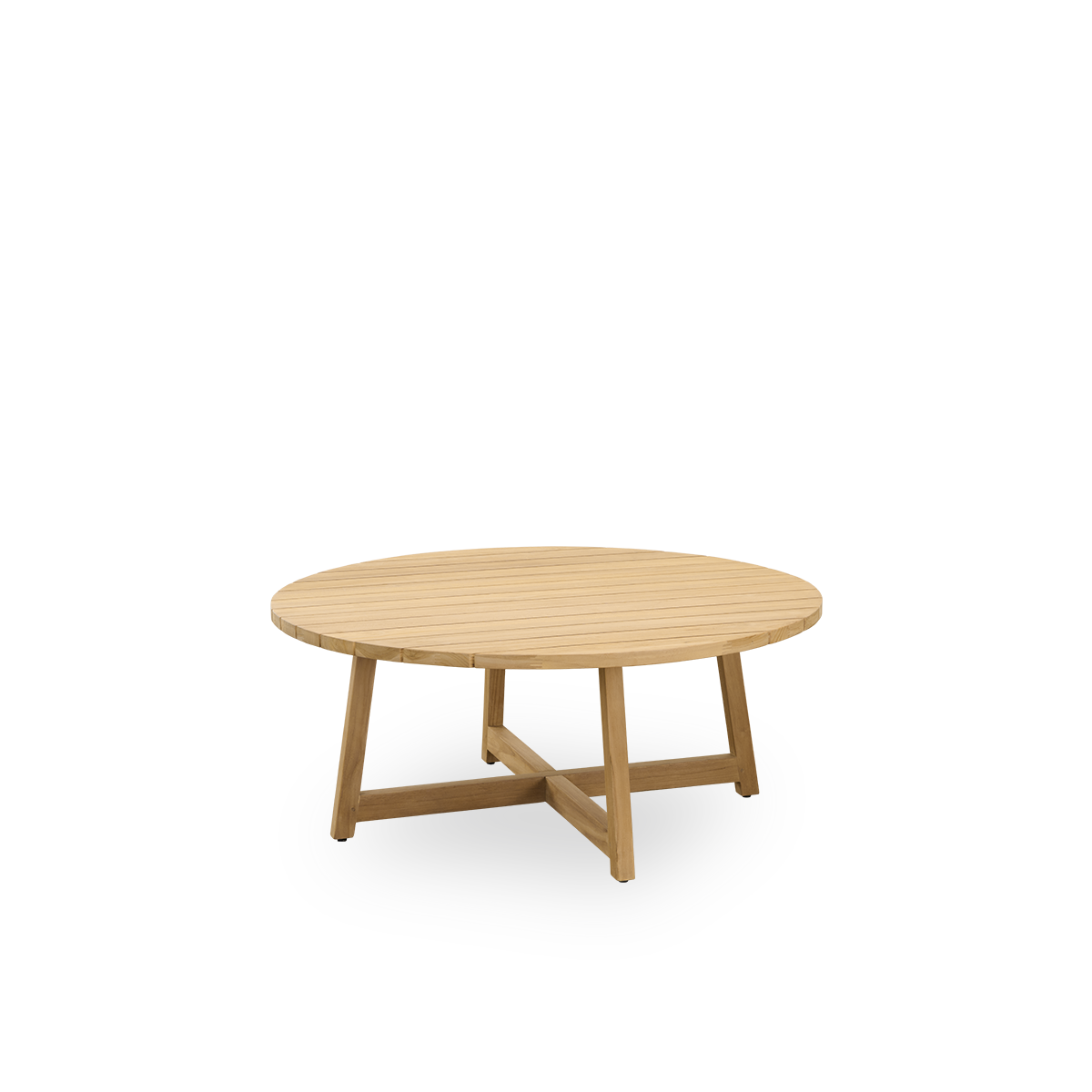 Side view of Victor round outdoor teak lounge table Ø120 cm. Handcrafted from high quality Certified Indonesian Legal Wood.