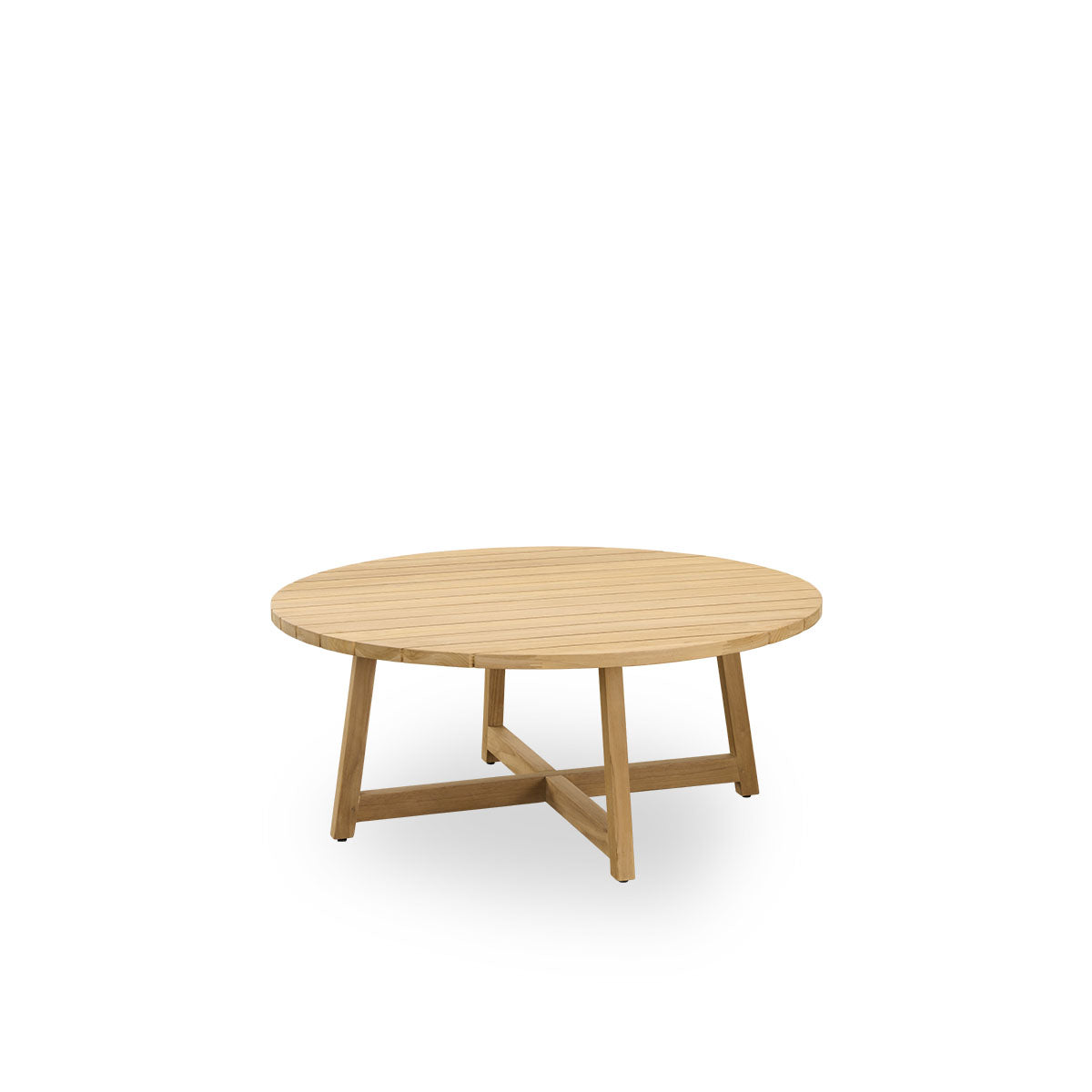 Side view of Victor round outdoor teak lounge table Ø120 cm. Handcrafted from high quality Certified Indonesian Legal Wood.