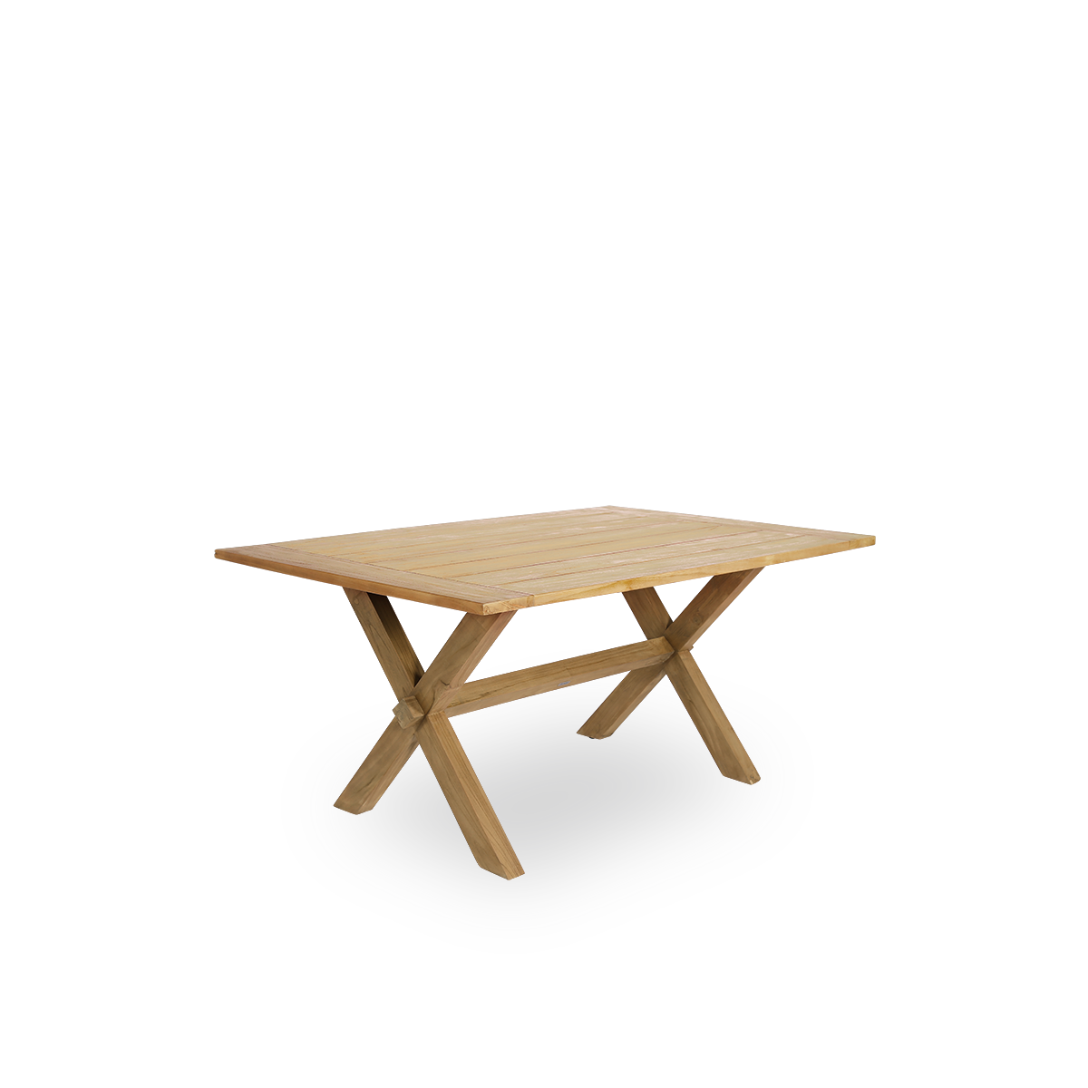 Side view of the Colonial outdoor teak dining table 160x100 cm suitable for 4 persons. The table has a brown chestnut color where the wooden boards are placed with a small space between. 