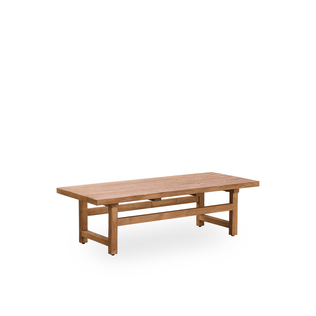 Side view of Alfred coffee table, 140x55 cm, is crafted from Indonesian legal wood, with patinated teak, rustic finish, showcasing natural wood and solid design. 