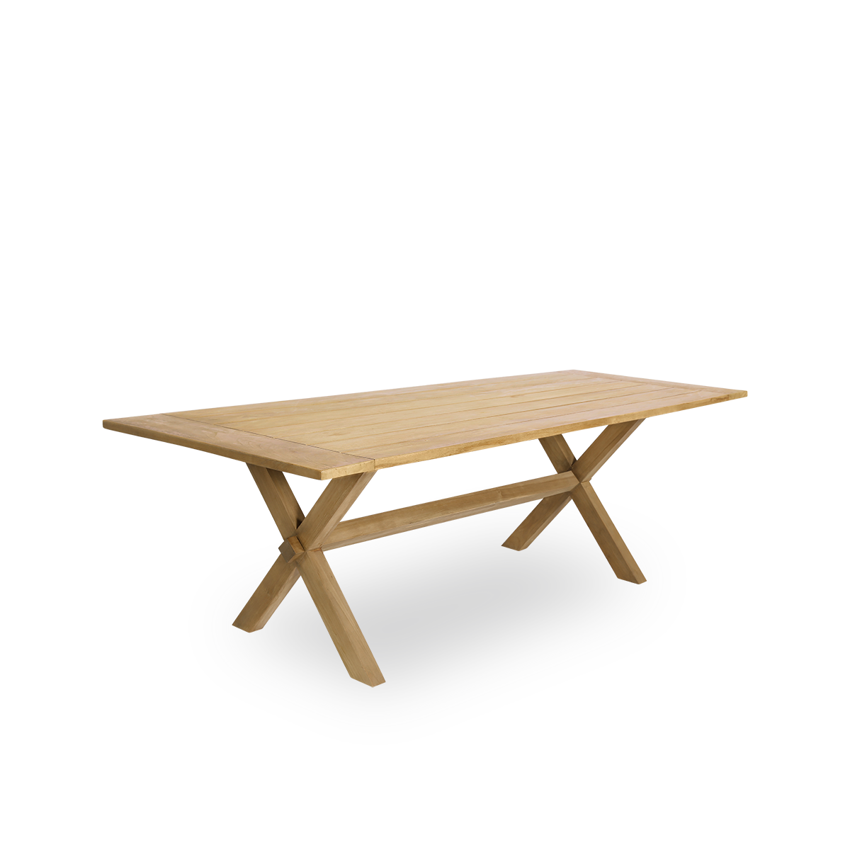 Side view of the Colonial outdoor teak dining table 300x100 cm suitable for 8 persons. The table has a brown chestnut color where the wooden boards are placed with a small space between. 